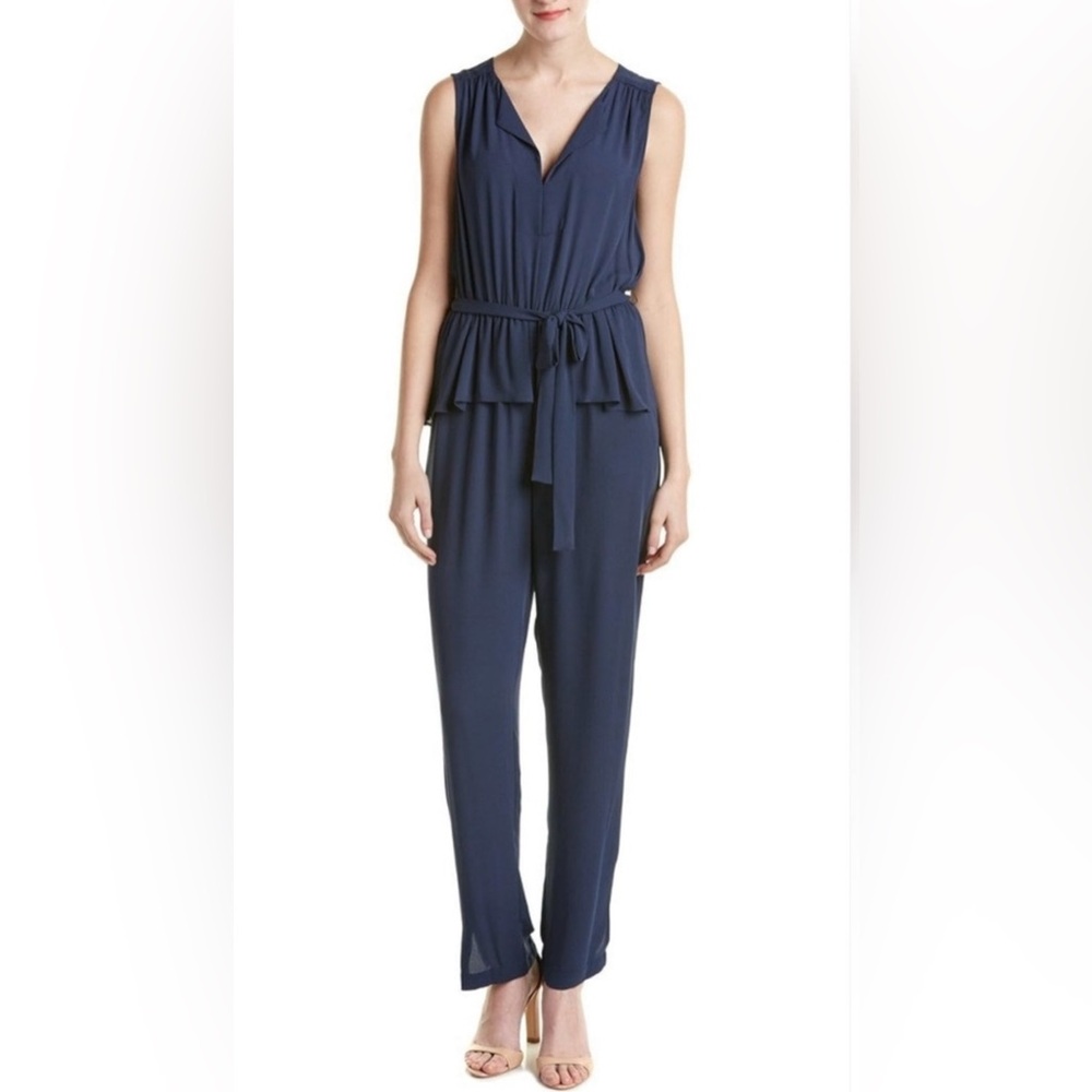 BCBGMAXAZRIA Giovanna Navy Peplum Sleeveless Jumpsuit XS - Keyhole Back